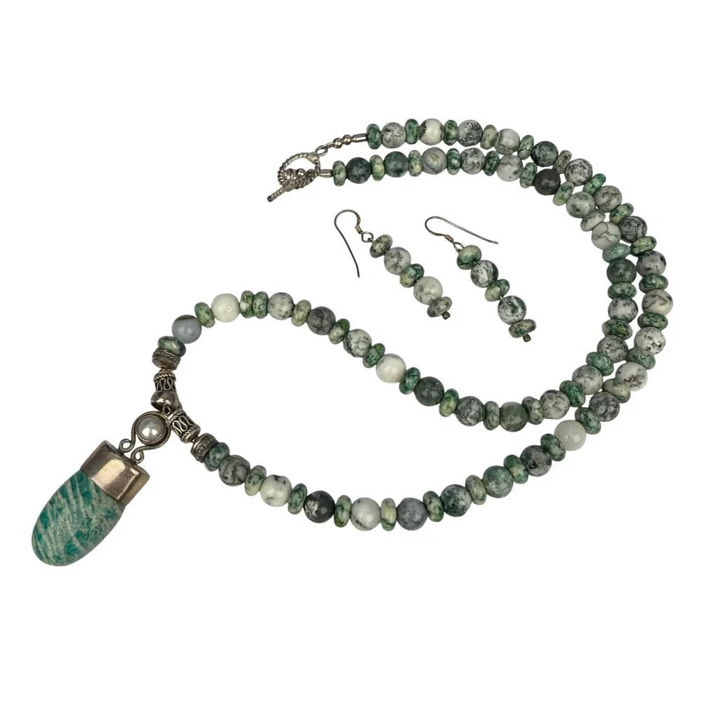 Artisan Sterling 925 Amazonite Pendant Tree Agate Necklace‎ Mother Pearl Set
